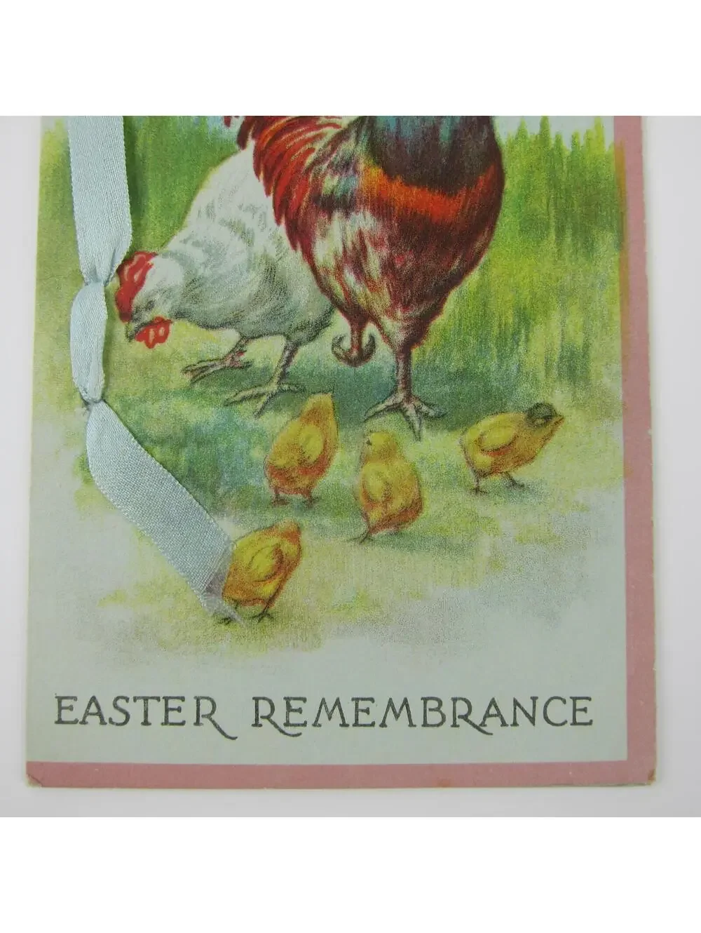 Easter Greeting Card Rooster Chicken & Yellow Chicks Blue Ribbon Bi-fold Antique